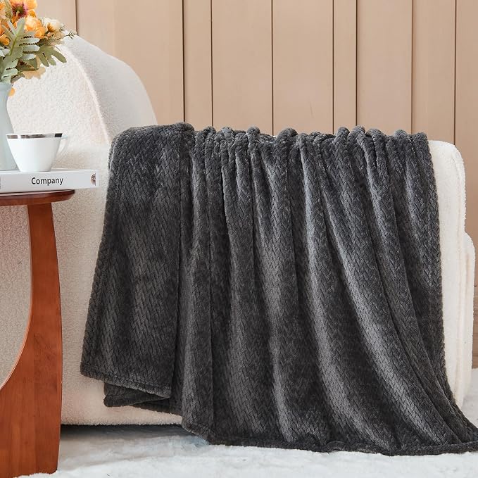 NEWCOSPLAY Fleece Leaves Pattern Throw Blanket, Dark Grey, 50"x60" | Super Soft Throw Blanket, Lightweight Cozy Bed Sofa Blanket, Premium Silky Flannel Fleece, Travel Blanket for All Season Use