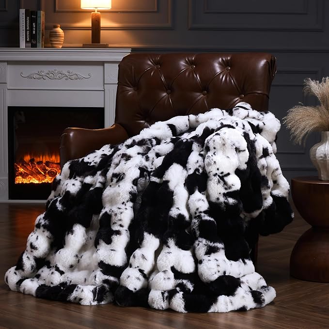 Faux Fur Throw Blanket for Couch, Fluffy Fuzzy Plush Bubble Blanket, Soft Warm Cozy Shaggy Rabbit Blanket, Luxury Decorative Gifts for Sofa Bedroom Living Room, 108x90inch (Cow Print-Black)