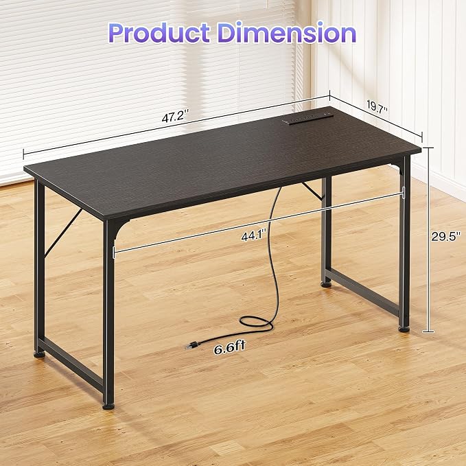 PRAISUN 47 X 20 Inch Computer Desk, Power Outlets, USB-C, Black | Office Desk with 4 AC Outlets, USB & USB-C, Sturdy Metal Frame, Spacious Desktop for Work, Writing, Study & Gaming
