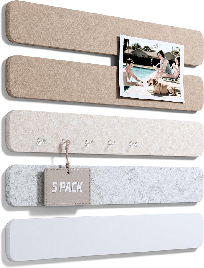 Fluxynara 13" x 2" Felt Wall Panels, Stone Beige | 5-Pack Cork Board Alternative with 35 Push Pins, Adhesive Mounting for Bedroom Door or Home Office