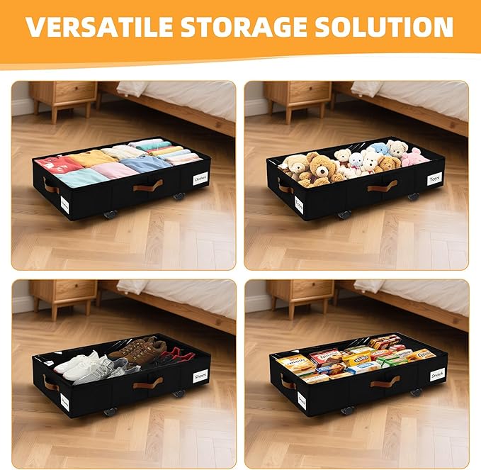 4 Pack Under Bed Storage–30.5×17×6.5" Under the Bed Storage with Wheels Sturdy Sidewalls/Bottom, Clear Cover, Label and PU Handle, Rolling Underbed Drawers for Clothes, Shoes, Toys, Blankets,Black