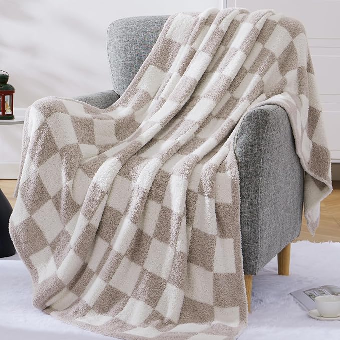 Soft Twin Size Checkered Blanket for Bed-Cozy Knitted Blankets | Lightweight Fluffy Warm Decor for Women, Mom, Her & Girls, Sofa, Chair, Couch, 60x80in, Taupe