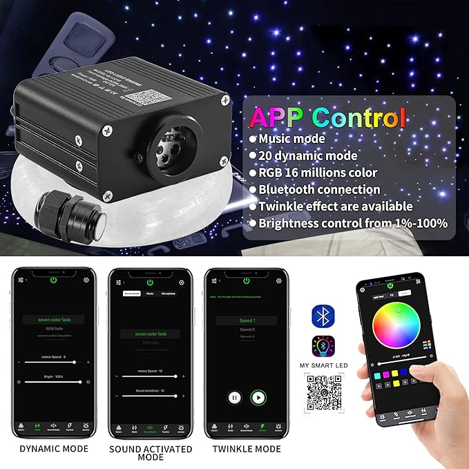 16W Twinkle 600pcs Starlight Headliner Kit, 0.03in 9.8ft Fiber Strands Compact Size Car Star Roof Lights with Bluetooth APP/Remote Control