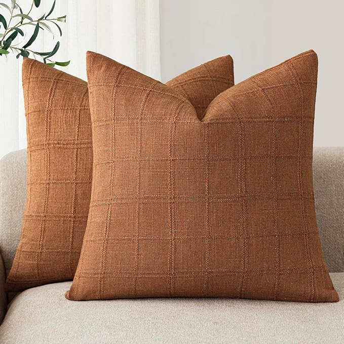 Foindtower Set of 2 Decorative Linen Check Throw Pillow Covers Neutral Farmhouse Vintage Cushion Covers Modern Boho Home Decor for Sofa Chair Couch Bedroom Living Room,18×18 Inch,Orange
