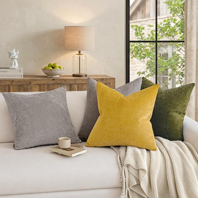 Fall Decorative Throw Pillow Covers Pack of 2,24x24 Inch Mustard Yellow | Twill Chenille Cushion Covers for Sofa Living Room Couch Bed