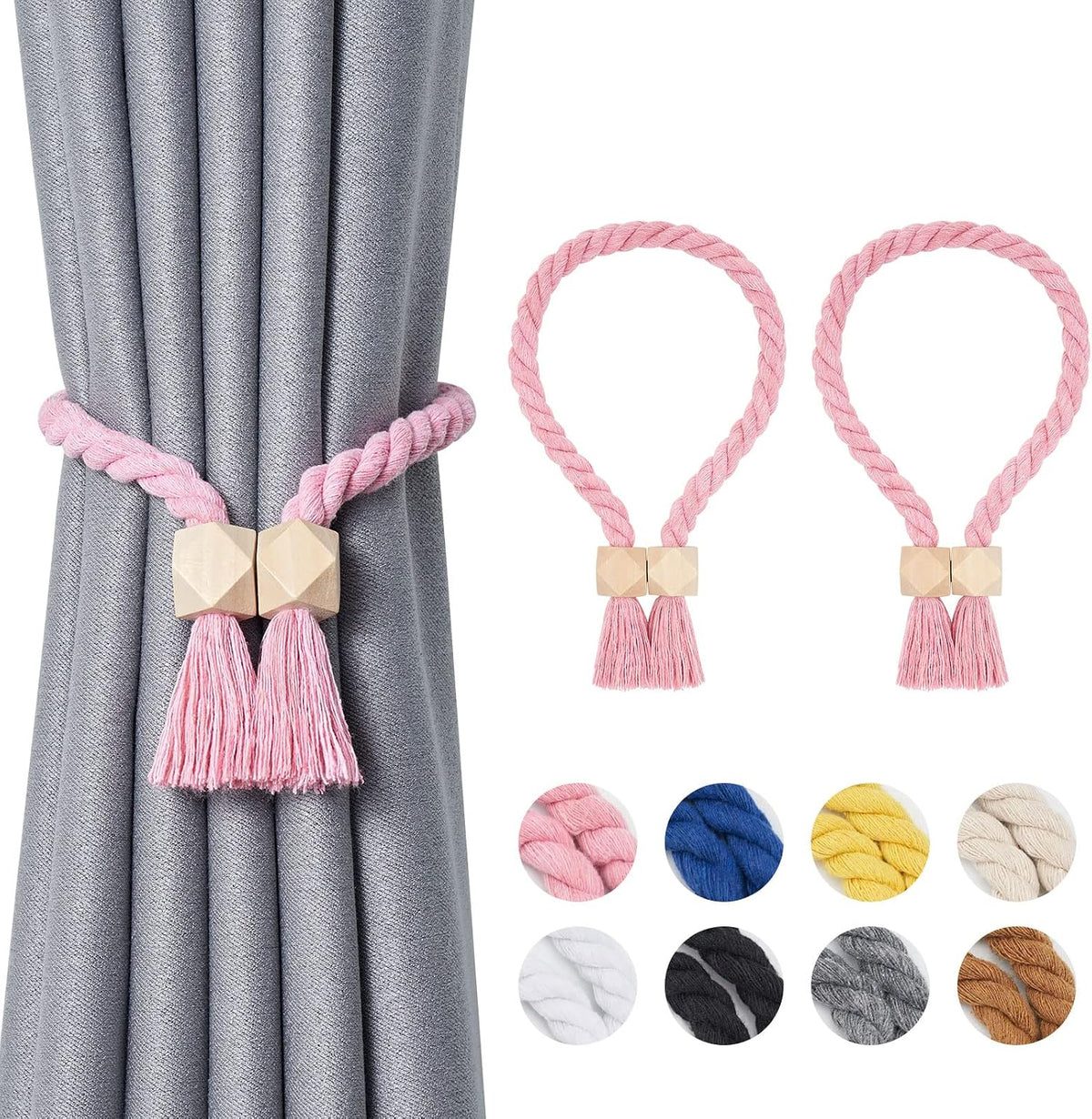 NICEEC 2 Pack Wooden Polyhedron Magnetic Curtain Tiebacks Boho Home Decor Drape Tie Backs Natural Cotton Hand Woven Rope Curtain Holdbacks for Home & Office Window Draperies (Pink)