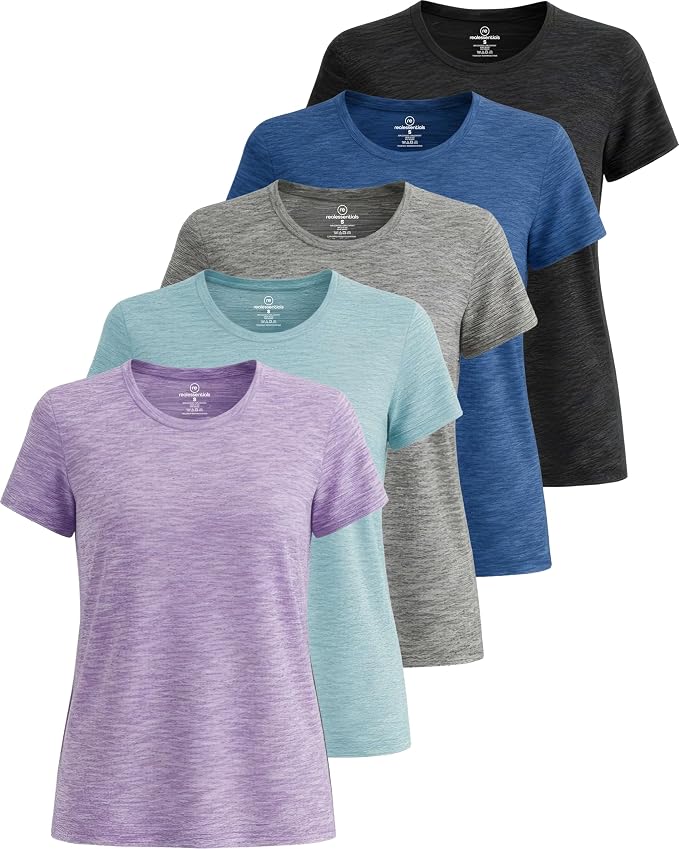 5 Pack Women's Dry Fit Short Sleeve Athletic Gym Workout Running Tops | Available in Plus Size, Exercise, Sports, Fitness, Quick Dry, Cooling, Moisture Wicking, Loose Basic Tees, Yoga, Pilates