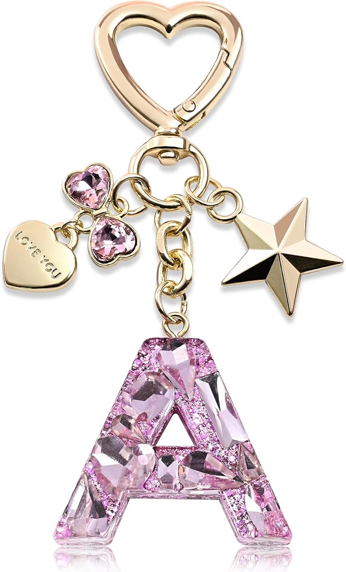 Cute Bling Keychain initial Letter Butterfly Star Pink Purple Gift for Women Girls Bag Cup Charms Accessories