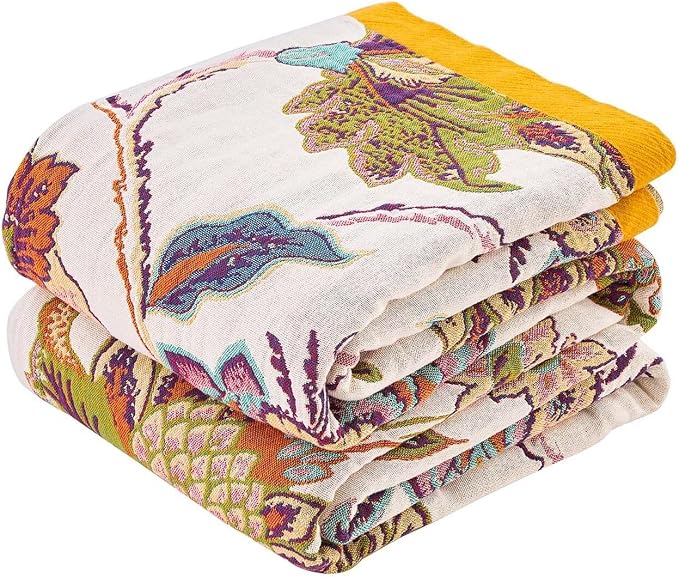 XIBLC Boho Throw Blanket 100% Cotton Vintage Blanket Muslin Woven Flower Decorative Throw Blankets All Season Bohemian Rustic Farmhouse Decor Quilt for Bed (Beige 50"x60")