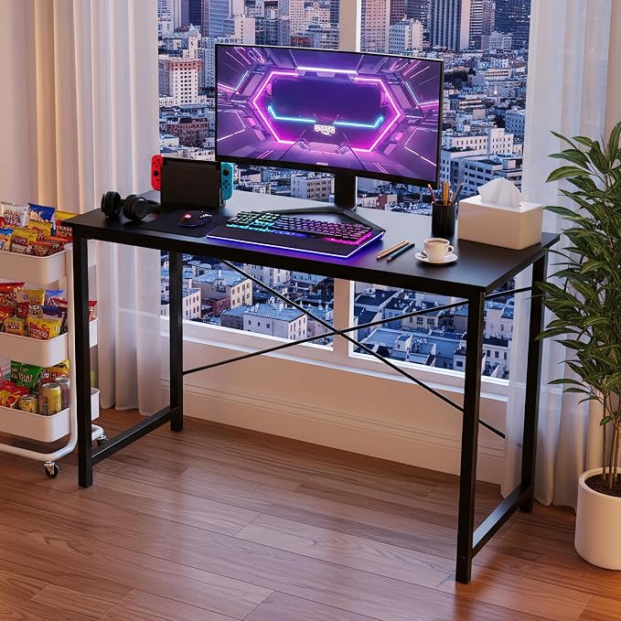 OLIXIS 40 Inch Computer Office Desk for Small Spaces, Writing Gaming Work Desk Modern Study Table with Storage Bag & Headphone Hook Home Bedroom, Black | Metal Frame, Writing Gaming Work, Home Bedroom, Easy Assembly, Sturdy Design, Black