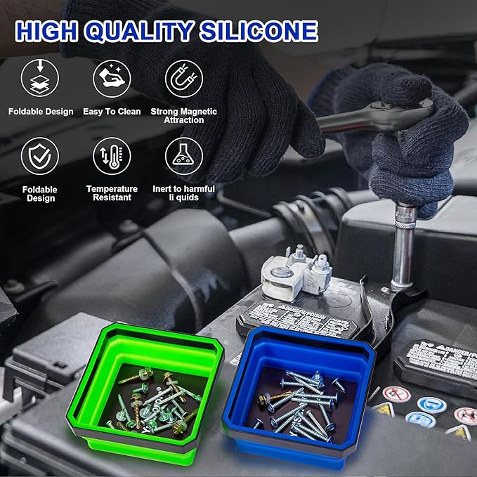 4.5” Collapsible Dual-Sided Magnetic Parts Tray Set 3-Pack for Screws Bolts Nuts Washers Pins with 1pc Magnetic Suction Rod