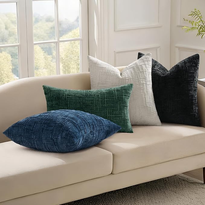 decorUhome Textured Chenille Throw Pillow Covers 24x24 Set of 2 Green | Fall Modern Farmhouse Soft Cozy Slubby Couch Pillow Cases Boho Decorative Pillow Cases for Bed Sofa Living Room Home Decor