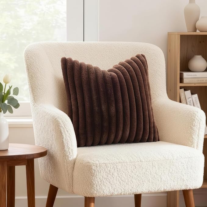 decorUhome Fall Faux Fur Throw Pillow Covers 18x18 Set of 2 Dark Brown | Decorative Soft Cozy Striped Plush Modern Farmhouse Boho Couch Pillow Cases Velvet Back for Sofa Bed Living Room Home Decor