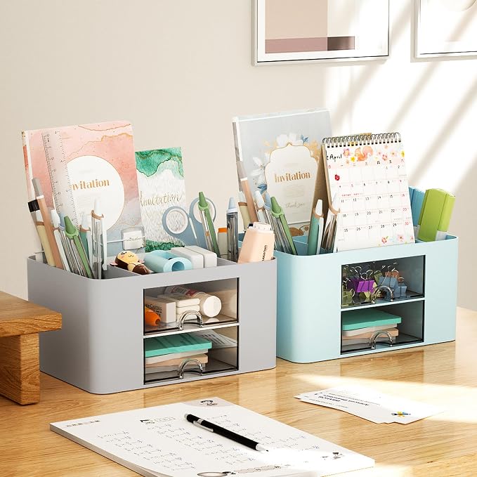 Marbrasse Pen Organizer with 2 Drawer, Multi-Functional Pencil Holder for Desk, Desk Organizers and Accessories with 5 Compartments + Drawer for Office Art Supplies (Grey)