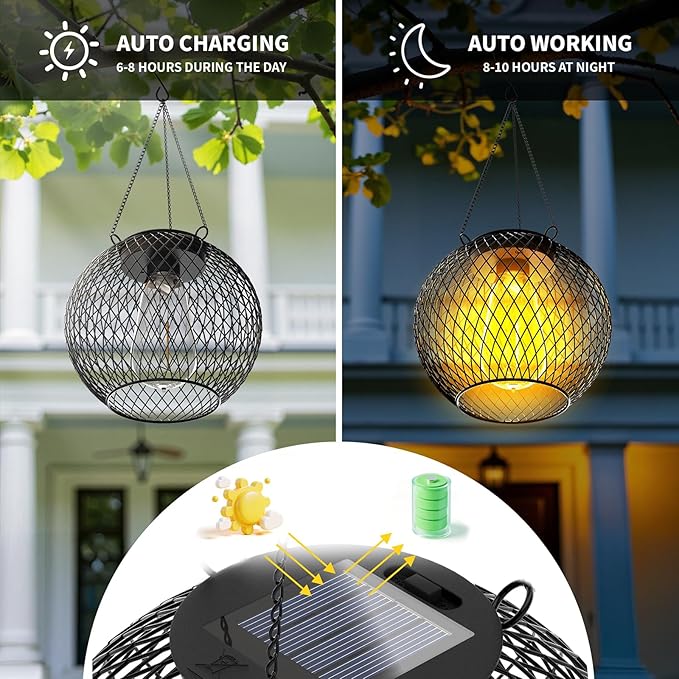 HOTEAGLE Solar Hanging Lights, Waterproof Outdoor Decorative Globe Lanterns with Vintage Edison Bulb, Retro Metal Mesh Pendant Light for Garden, Patio, Yard, Tree Decor (Black-2-Pack)