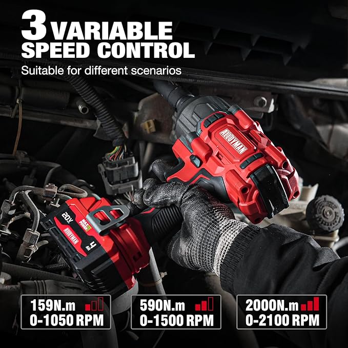 Alloyman Cordless Impact Wrench, 1475Ft-lbs (2000N.m) 1/2 High Torque Brushless Impact Gun, 20V Power Impact Driver, 2*4000mAh Battery,3 Sockets, Brushless Motor Variable Speeds for Car/Truck RV/Mower