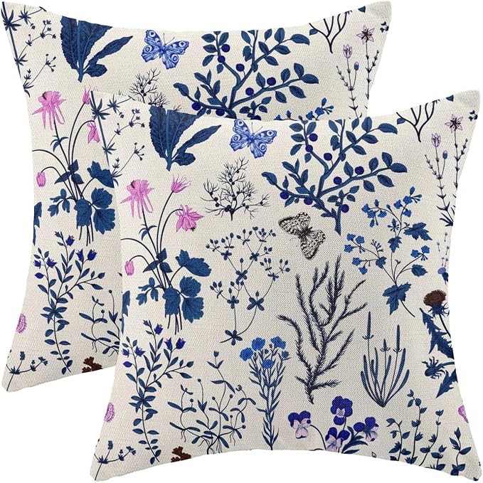 AEIOAE Summer Pillow Covers 20x20 Inch Set of 2,Navy Blue Wild Flower Plant Throw Pillows Case,Seasonal Floral Outdoor Decorative Square Linen Farmhouse Decor Cushion Covers for Home Sofa Bed Couch