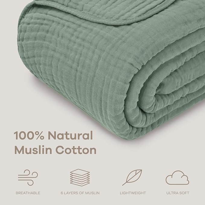 Comfy Cubs Adult Muslin Blanket 108x90” King Swaddle Blankets, Fern | 6 Layer Soft, Breathable & Lightweight Muslin Adult Blanket - Machine Washable & Designed in the US Bedding for All Seasons