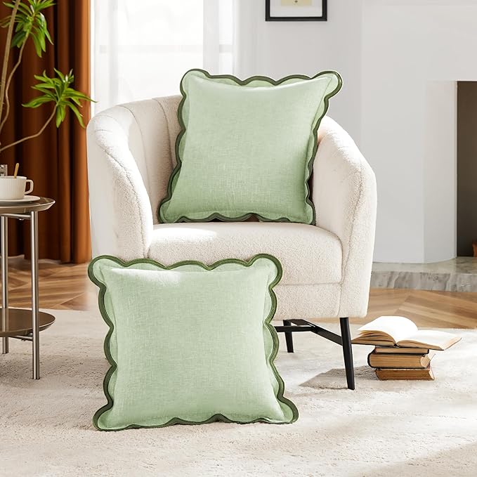 Ohocut Light Green Scalloped Pillow Cover Pack of 2 Spring Chenille Decorative Cute Boho Couch Throw Pillow Covers 18" x 18" Aesthetic Funky Preppy Pillow Cases for Sofa Living Room