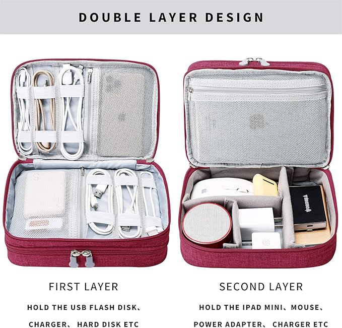 Lanola Travel Cable Organizer Bag, Electronic Accessories Case Portable Double Layer Cable Storage Bag for Cord, Charger, Flash Drive, Phone, SD Card,Personal Items - (Red)