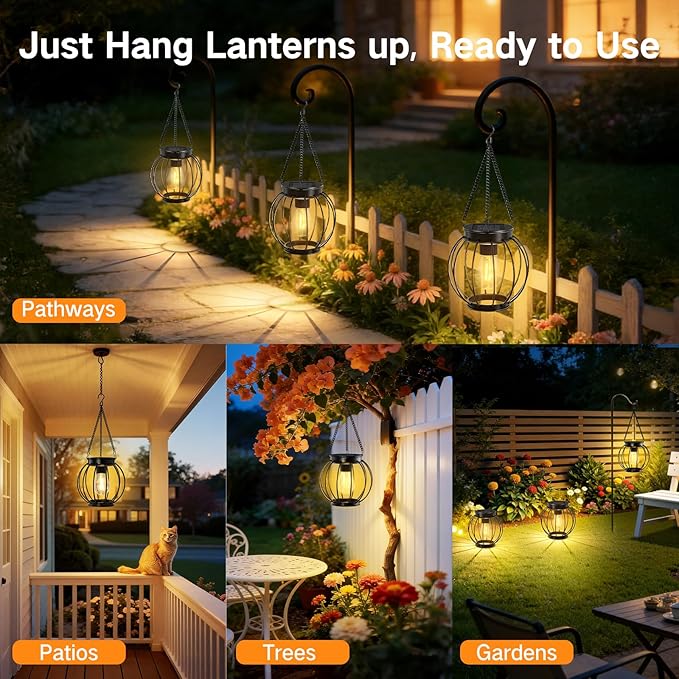 Outdoor Solar Lanterns, Waterproof Metal Hanging Lights with Warm White LED, Auto On/Off, Upgraded Brighter Decorative Lanterns for Garden Patio Yard Porch, Gifts for Women Mom, 4 Pack