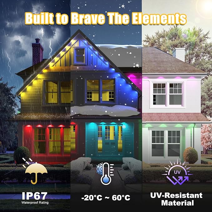 Permanent Outdoor Lights, 200ft RGB+IC Smart LED Eaves Lights, IP67 Waterproof Permanent Outdoor Lighting with App/Remote for Daily, Christmas, Halloween,Valentine's Day, Holiday, Party Outdoor Decor