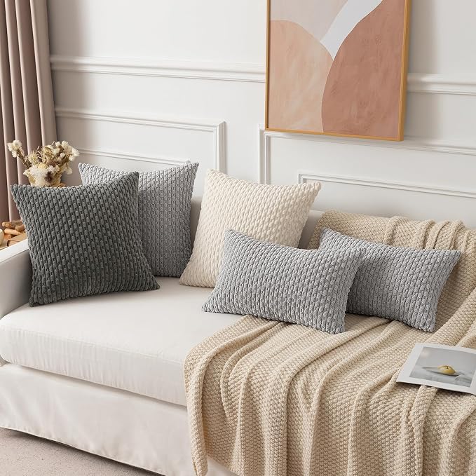 Kevin Textile Soft Corduroy 12"x20" Lumbar Pillow Cover 1 Pack, Light Grey | Boho Stripe Plush Corduroy Decorative Oblong Cushion Cover Modern Farmhouse Home Decor for Sofa Couch Bed Chair