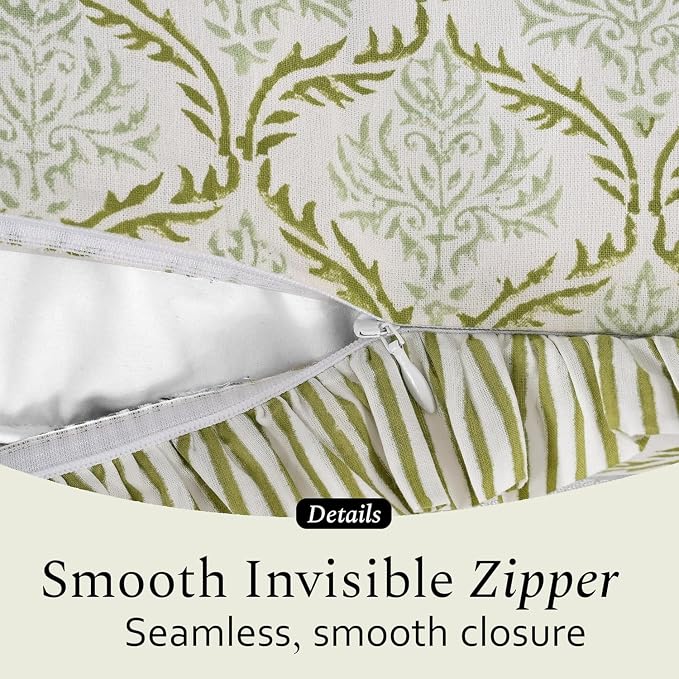 CPC Fern Regal Hand Block Print 100% Cotton Ruffle Throw Pillow Cover 20x20 inch with Hidden Zipper Decorative for Couch, Bed, Sofa, Farmhouse, Cottagecore Decor Gift Christmas Fall Thanksgiving