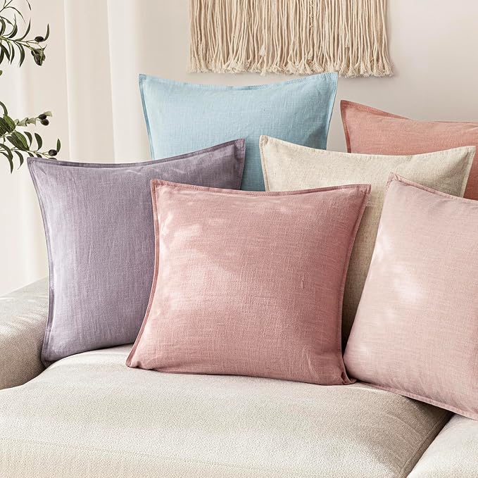 Foindtower Pack of 2, Decorative Linen Solid Throw Pillow Covers Soft Accent Cushion Euro Case Boho Farmhouse Pillowcase for Chair Couch Sofa Bedroom Living Room Home Decor 24 x 24 Inch Rose Pink