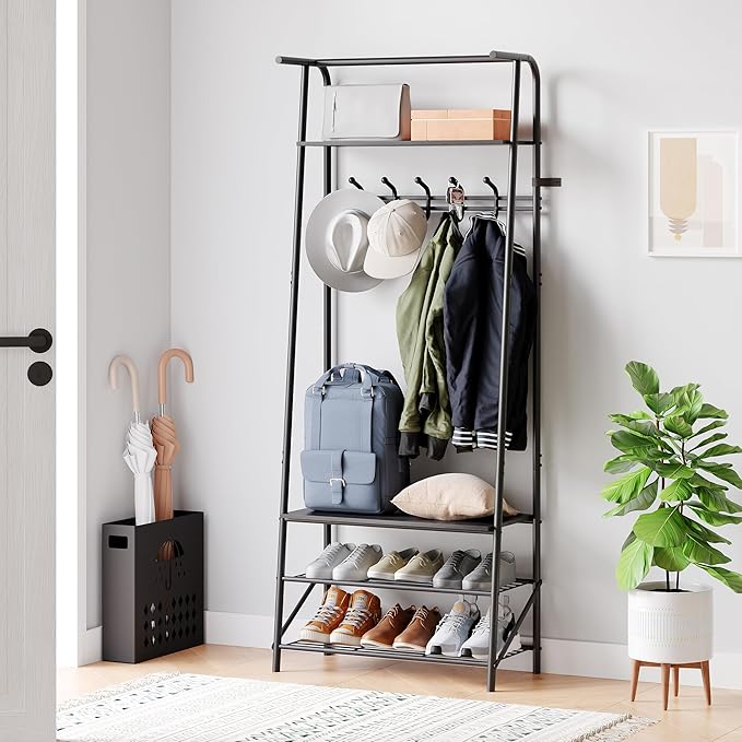 Coat Rack Hall Tree with Shoe Storage Bench, 4-in-1 Entryway Organizer, 5 Hooks & 3-Tier Shoe Rack, Freestanding Metal Frame for Hallway, Front Door