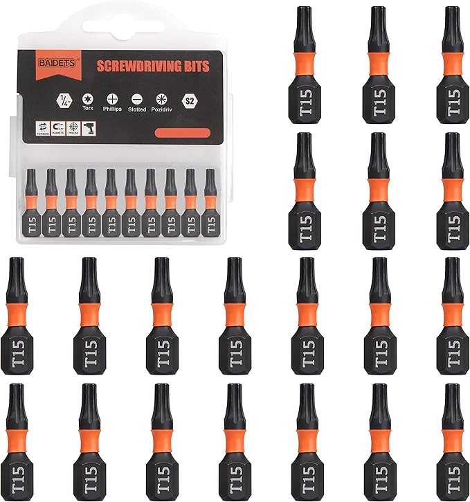 Pro T15 Bit Assortment - Screwdriver Bits Set 20Pcs, 25mm Length, Torx Screwdriver Bit, 1/4 Inch Hex Shank, with Storage Box