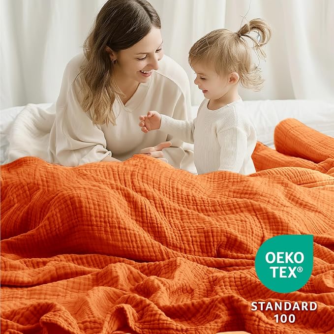 100% Cotton Muslin Blanket Twin 60" x 80", Breathable and Lightweight Cotton Twin Blankets for Couch, Soft Cooling Summer Gauze Blanket for Adults All Season, Burnt Orange