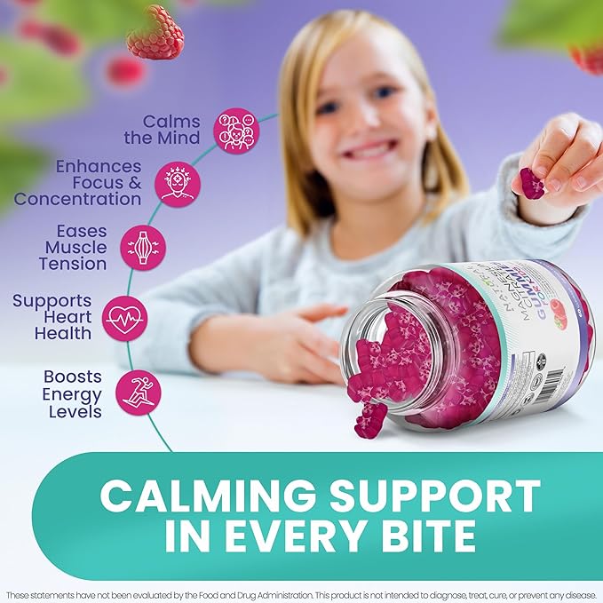 Calm Magnesium Citrate Gummies for Kids - Sleep Support, Chewable Magnesium Supplement 100mg, Stress Relief, Bone Health, Muscle Relaxation, Non-GMO Gluten-Free, Natural Flavor 60 Vegan Gummies