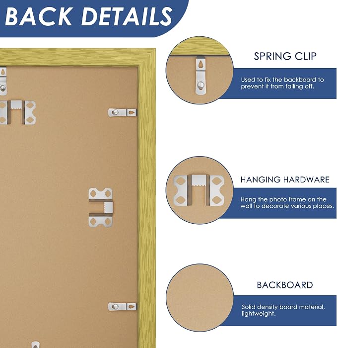 8.5x11 Picture Frame Set of 6, Wall Mount Display, Gold | Display Pictures 6x8 with Mat or 8.5x11 Without Mat, Horizontal or Vertical, Gallery Wall Frame Set, Wedding Birthday Gifts