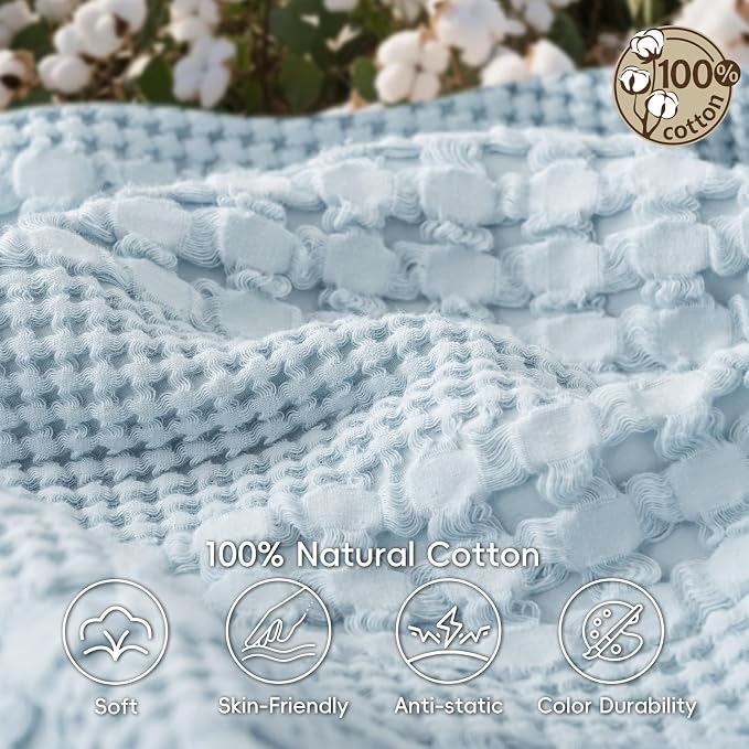 PHF 100% Cotton Waffle Weave Blanket King Size, Lightweight Breathable Summer Blanket for Hot Sleepers, Pre-Washed Soft Layer for Bed, Couch, Home Decor Gift, 108"x90", Sky Blue