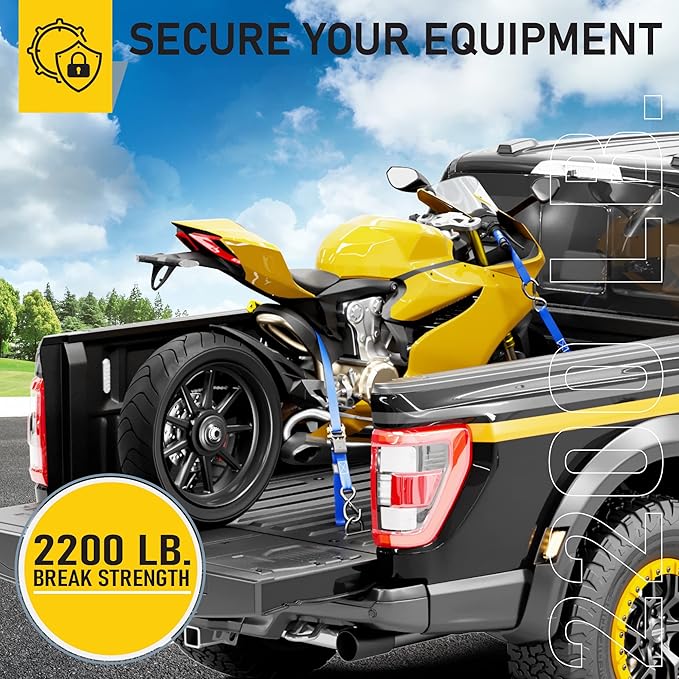 AUGO Ratchet Tie Down Straps -2 PK– 15 FT – 2,200 LB Break Strength – Safety Lock S Hooks –for Moving Cargo, Appliances, Lawn Equipment, Motorcycle – Includes 1 Bungee Cord, 2 Soft Loops, Storage Bag