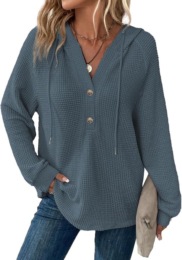 Dokotoo Hoodies for Women Waffle Knit Long Sleeve Drawstring Button V Neck Casual Sweatshirt Hooded Tops Fashion Clothing