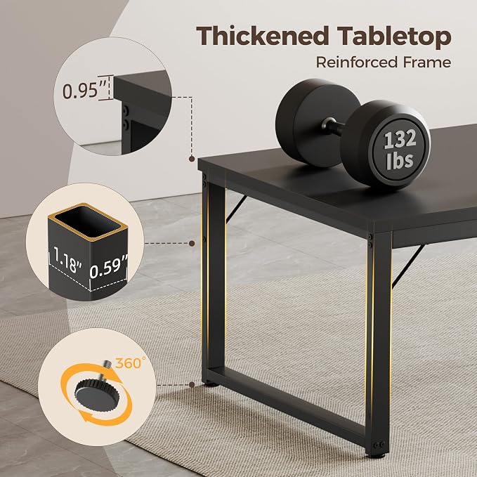 Mericonia 54 Inch Computer Desk, 1" Thick Large Office Table, Black | Modern Simple Style, Heavy Duty Industrial Frame, Study & Writing Table for Home Bedroom Work