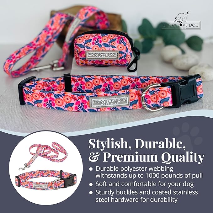 Lucky Love Dog - Easy Click Buckle Dog Collar with Leash Set Combo, Durable & Comfortable for Male & Female Dogs, Pet Collar for Medium Dogs, Secure Fit - Floral Rosie Combo, Medium