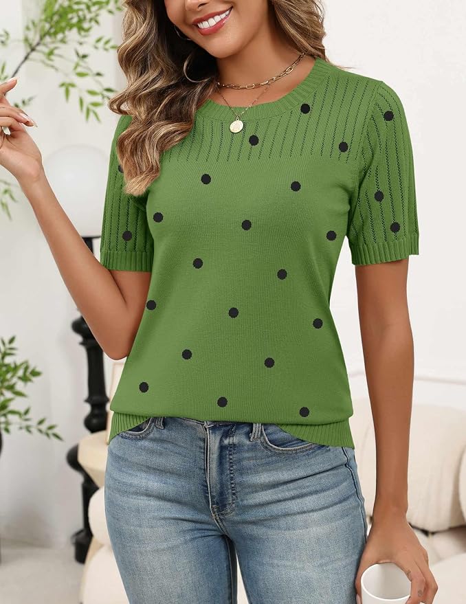 Zeagoo Women's Short Sleeve Sweater Tops 2026 Spring Summer Crew Neck Hollow Out Blouses Dressy Business Casual Outfits