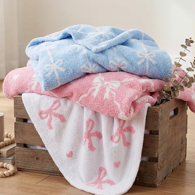 Soft Throw Blanket for Couch-Cozy Reversible Knitted Blankets | Lightweight Warm Fluffy Decor for Women, Mom, Her & Girls, Sofa, Chair, Bed, 50x60in, Blue Bow