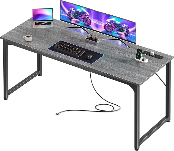 PRAISUN 63 X 24 Inch Computer Desk, Power Outlets, USB-C, Grey | Office Desk with 4 AC Outlets, USB & USB-C, Sturdy Metal Frame, Spacious Desktop for Work, Writing, Study & Gaming