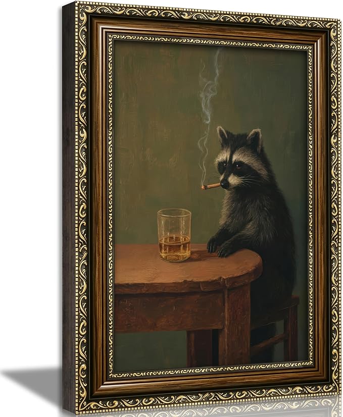 Vintage Gold Framed Smoking Raccoon Wall Art, Moody Dark Funny Animal Whiskey Cigar Canvas Print, Humor Funny Raccoon Wall Decor, Retro Bar Cart Poster Artwork, for Study Office Bar Decor, 12x16in
