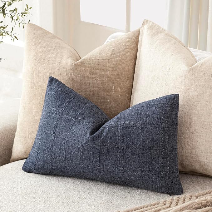 Foindtower Set of 2 Decorative Linen Check Throw Pillow Covers Neutral Farmhouse Lumbar Cushion Covers Modern Boho Home Decor for Sofa Chair Couch Bedroom Living Room,12×20 Inch,Navy Blue