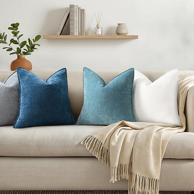 decorUhome Chenille Teal Velvet Throw Pillow Covers 18x18 Set of 2 | Fall Soft Couch Decorative Modern Farmhouse Pillow Cases with Elegant Design for Sofa Bed Living Room Home Decor