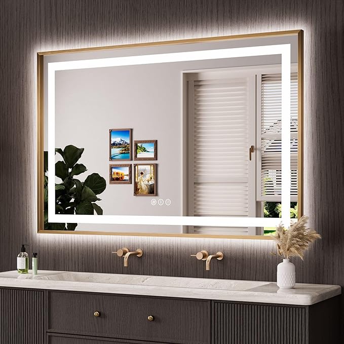 Amorho 55"x 36" LED Bathroom Mirror, Golden Metal Framed Mirror with Front Light and Backlit, Stepless Dimmable, Anti-Fog, Shatter-Proof, Memory, 3 Colors