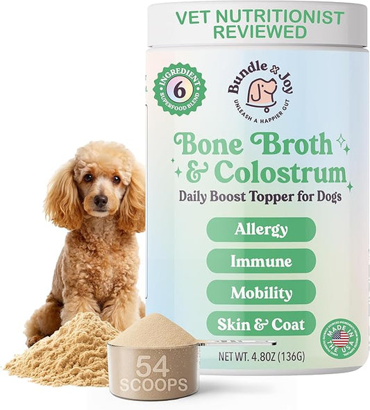 Bundle x Joy Beef Bone Broth for Dogs with Colostrum Daily Boost Powder, Immune Support & Allergy Relief for Dogs, Beef Flavor, 4.8 oz, 54 Servings with Scoop - Dog Supplements Made in USA