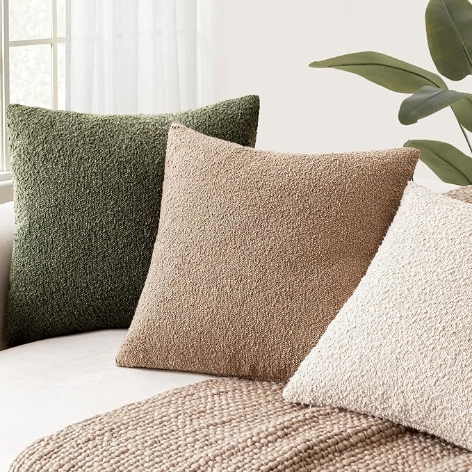 Foindtower Set of 2, Decorative Textured Boucle Throw Pillow Covers Accent Solid Pillow Cases Neutral Soft Cozy Couch Cushion Case for Chair Sofa Bedroom Living Room Home Decor 26x26 Inch Moss Green