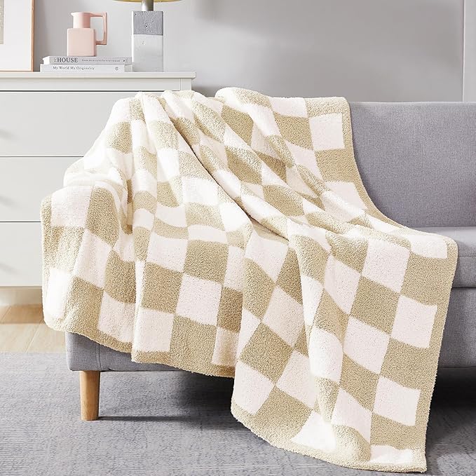 Soft Checkered Throw Blanket for Couch-Cozy Warm Knitted Blankets | Lightweight Warm Fluffy Decor for Women, Mom, Her & Girls, Sofa, Chair, Bed, 50x60in,Beige