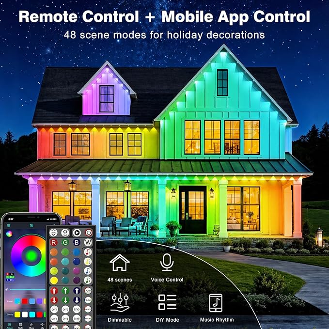 LITSOUL 200FT Permanent Outdoor Lights for House Waterproof, Smart RGB Eave LED Lighting with 16 Million Colors, IP67 Outdoor Strip Lights for Christmas Halloween Holiday Daily Decorations (60m/200ft)